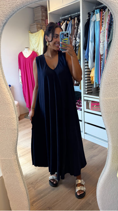 Maxi jurk met v hals donkerblauw