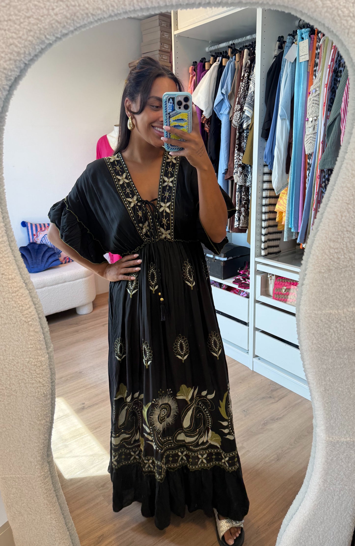 Maxi jurk boho met borduursels zwart & groen