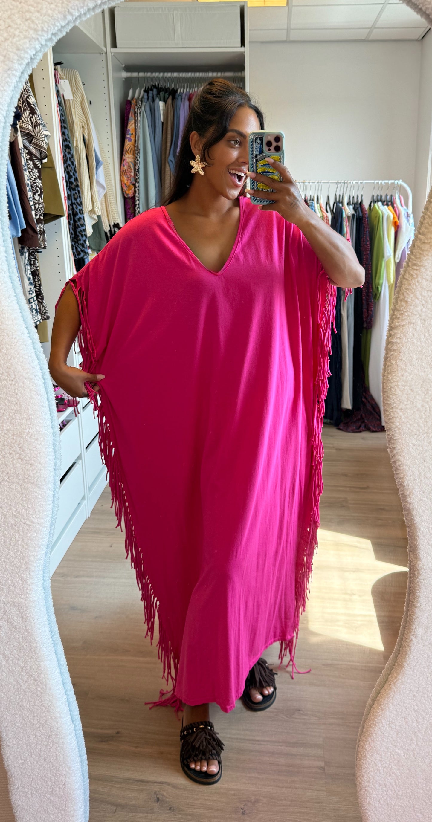 Maxi fringe jurk roze