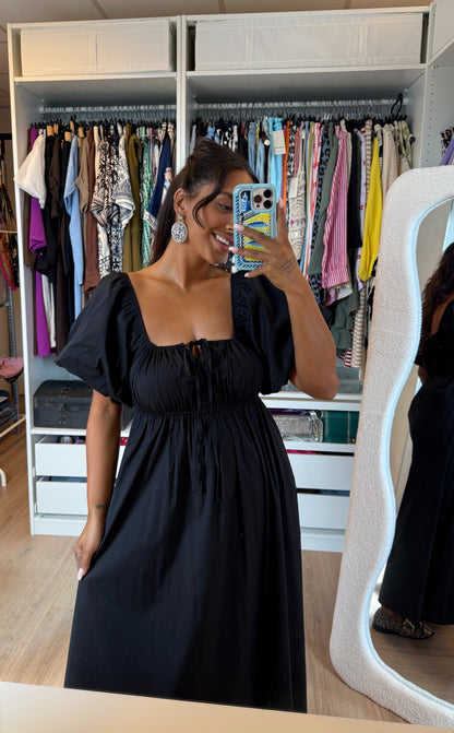 Katoenen maxi jurk met pofmouwen zwart