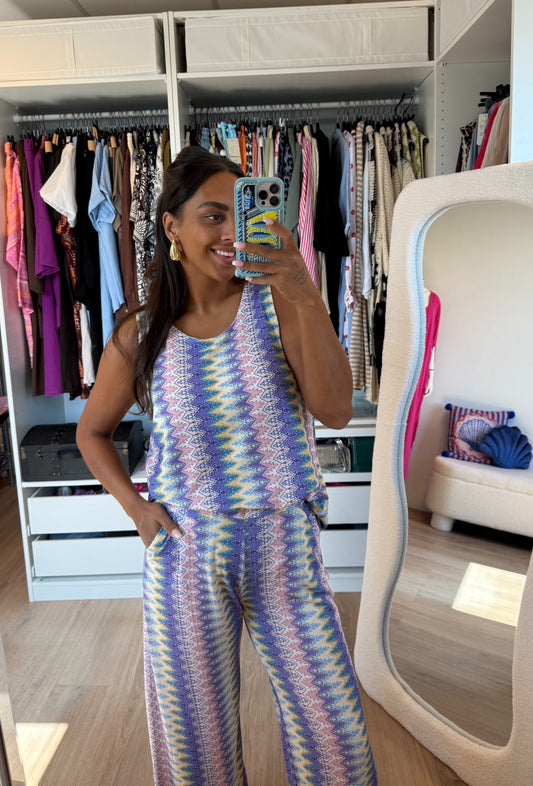 Tweedelige set shiny met print lila & geel