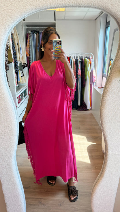 Maxi fringe jurk roze