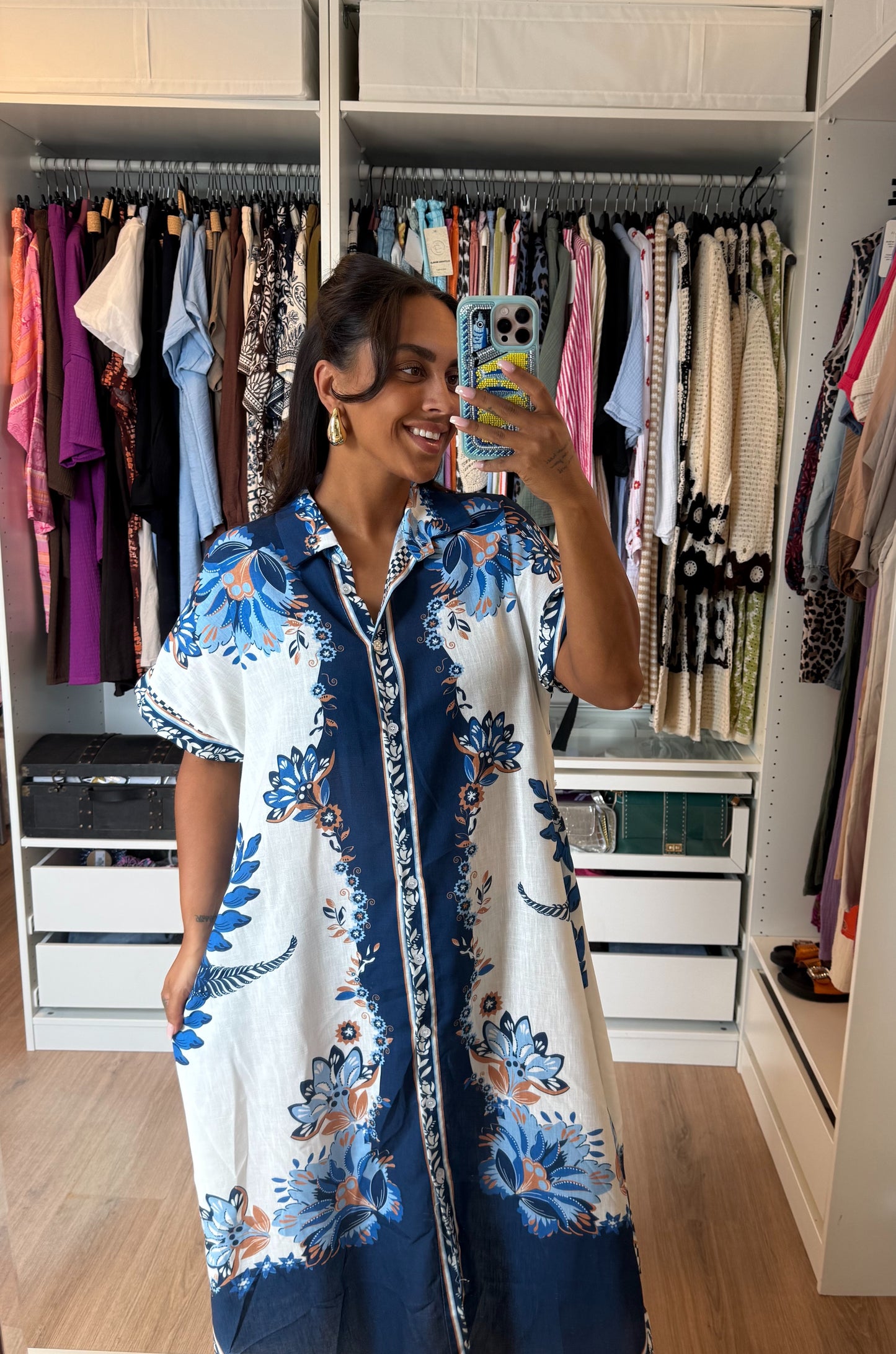 Midi linnen jurk dolce vita print blauw & wit