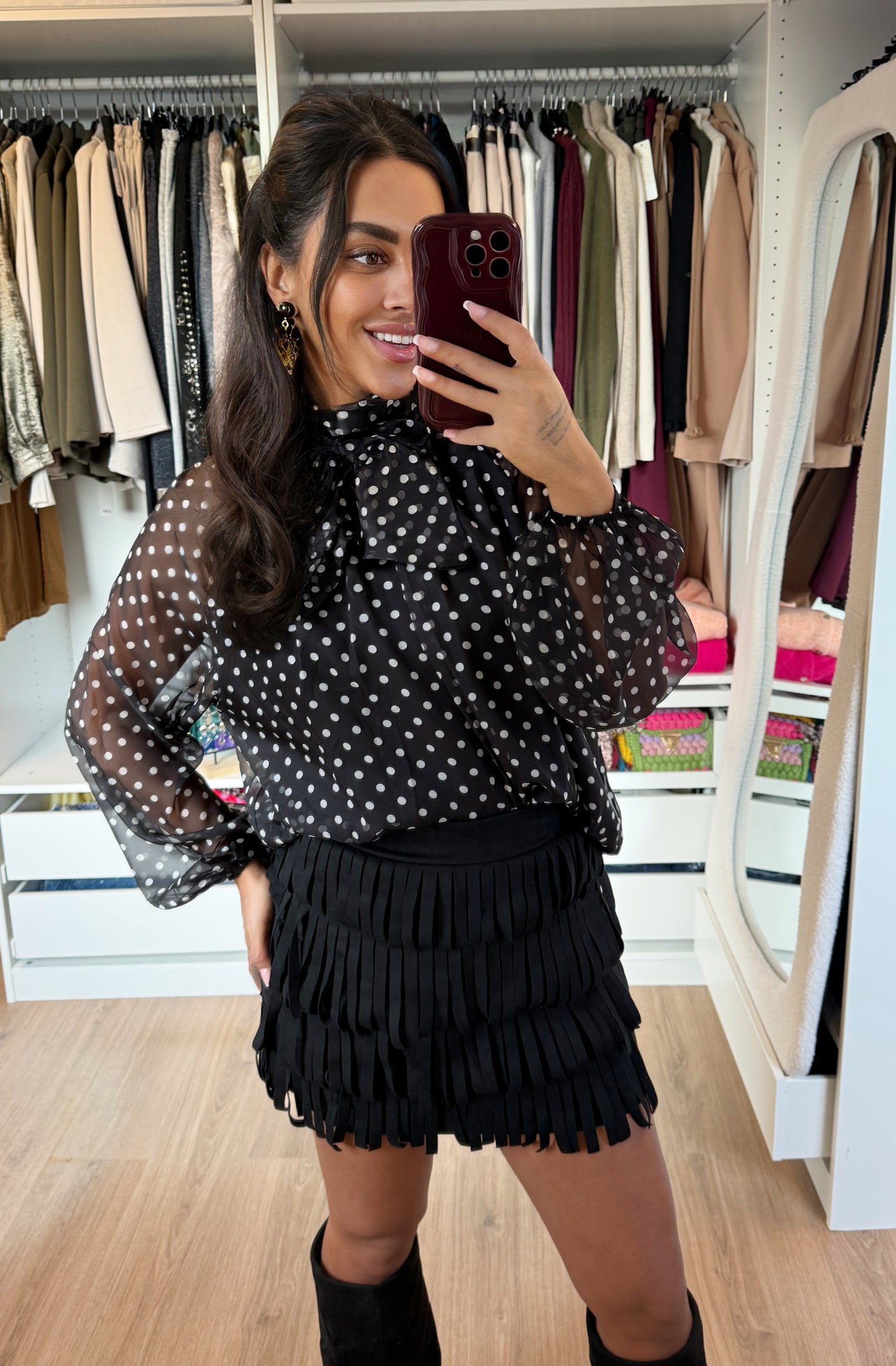 Suede look fringe skort black