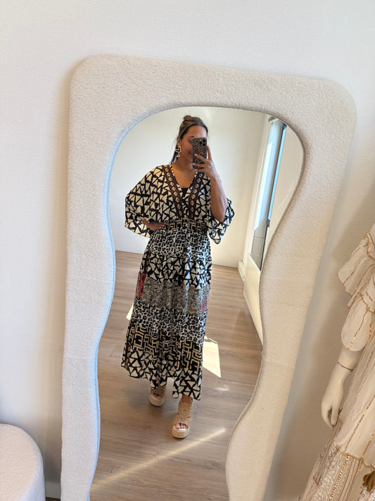 India golden detail maxi dress offwhite & black