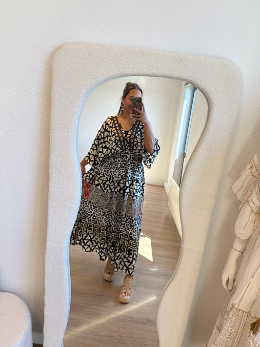 India golden detail maxi dress offwhite & black