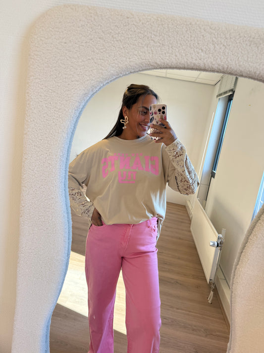 New york longsleeve lace T-shirt beige & pink