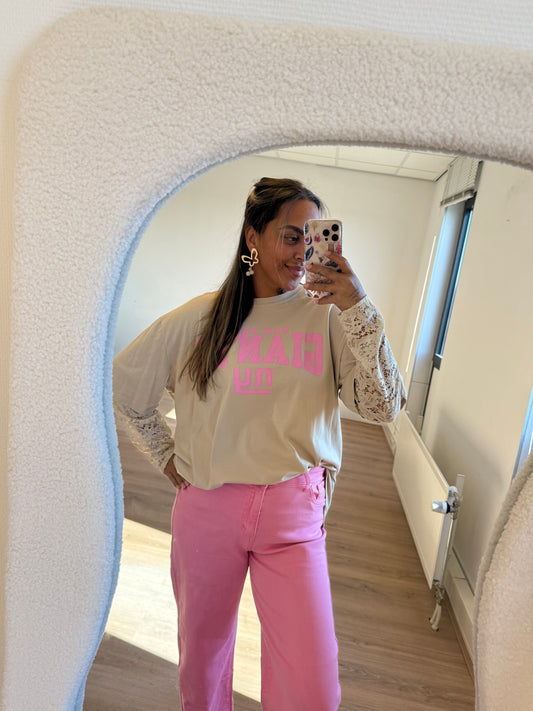 New york longsleeve lace T-shirt beige & pink
