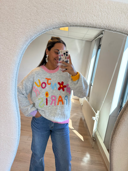 Bonjour paris sweater lightgrey & pink