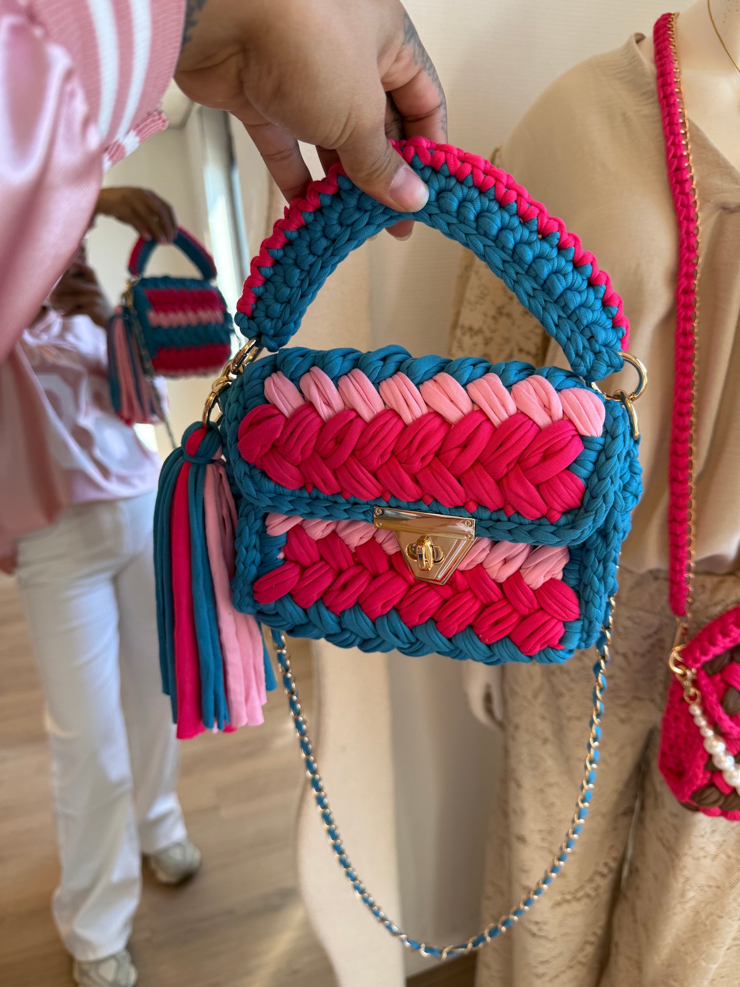Olivia braided bag ocean blue & pink