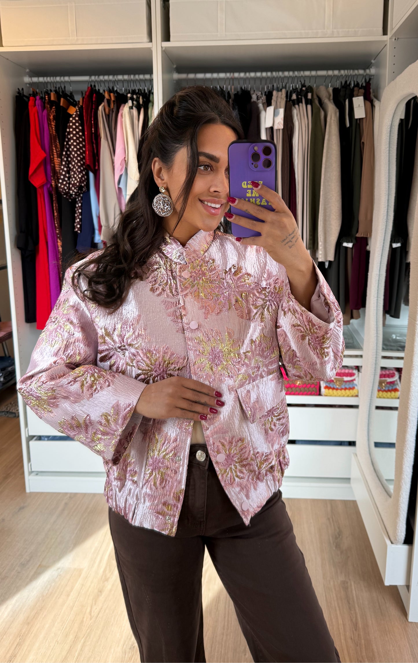 Jacket van jacquard met bloemenprint roze
