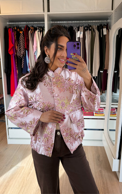 Jacket van jacquard met bloemenprint roze