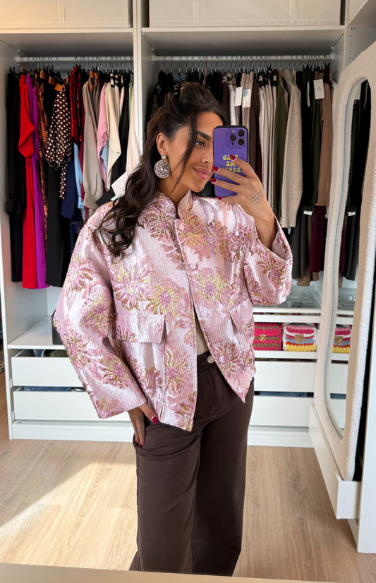 Jacket van jacquard met bloemenprint roze