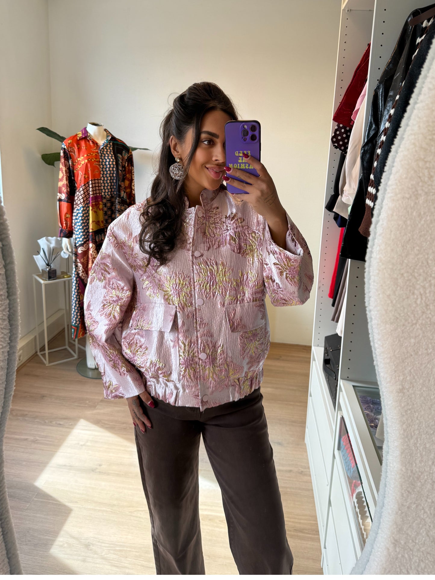Jacket van jacquard met bloemenprint roze