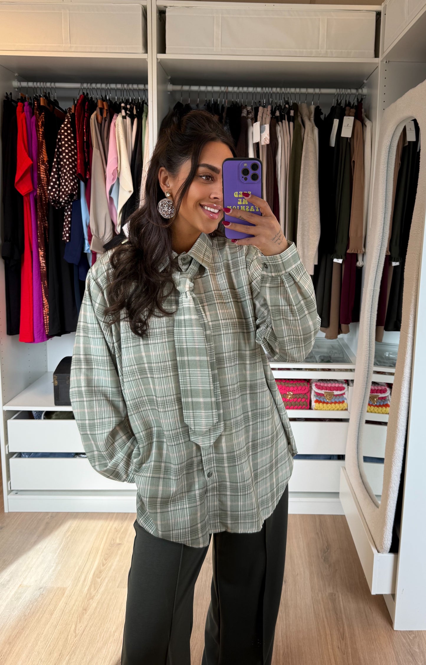Geruite blouse met stropdas groen