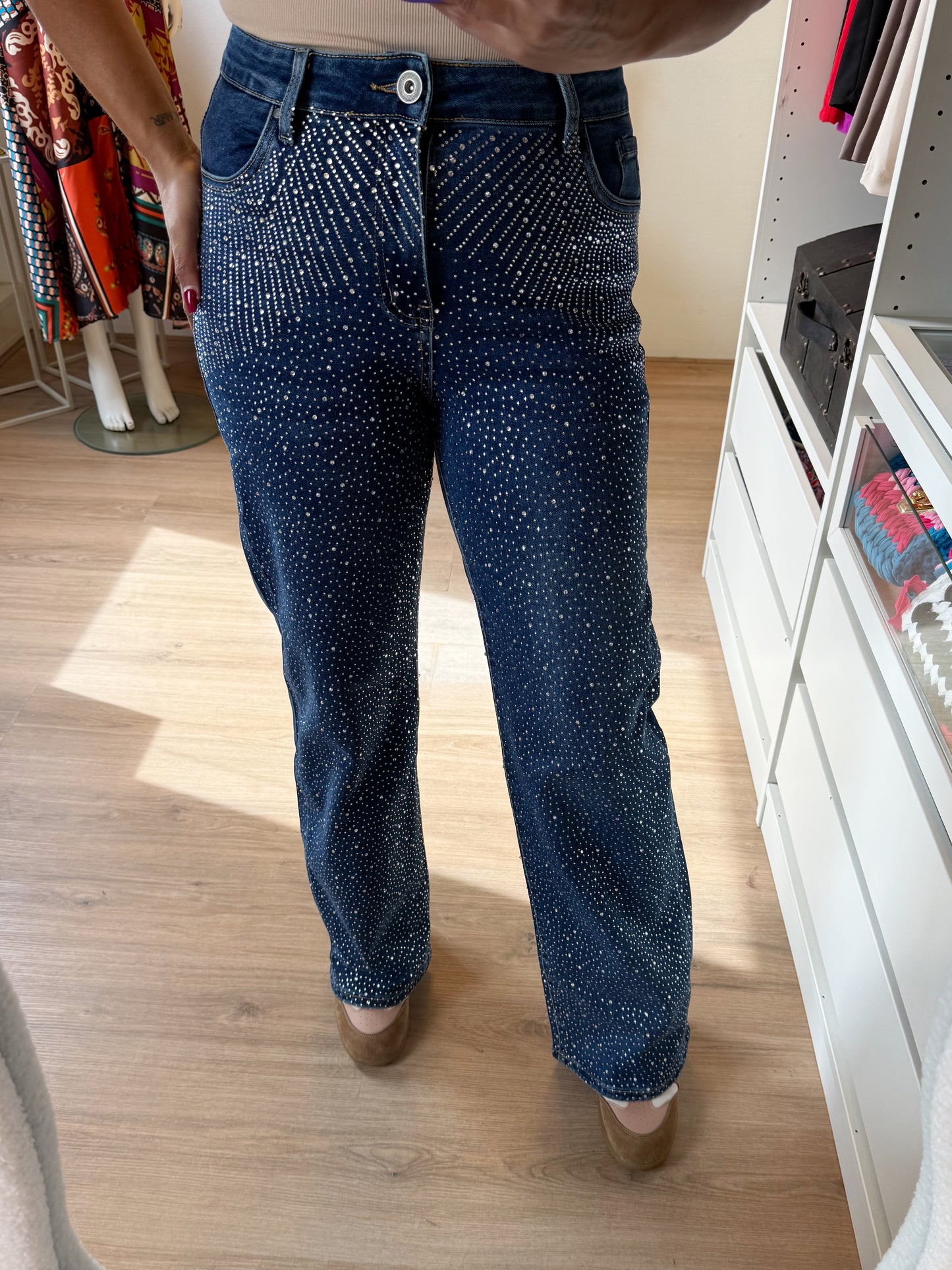 Jeans straight fit glitter all-over denimblauw