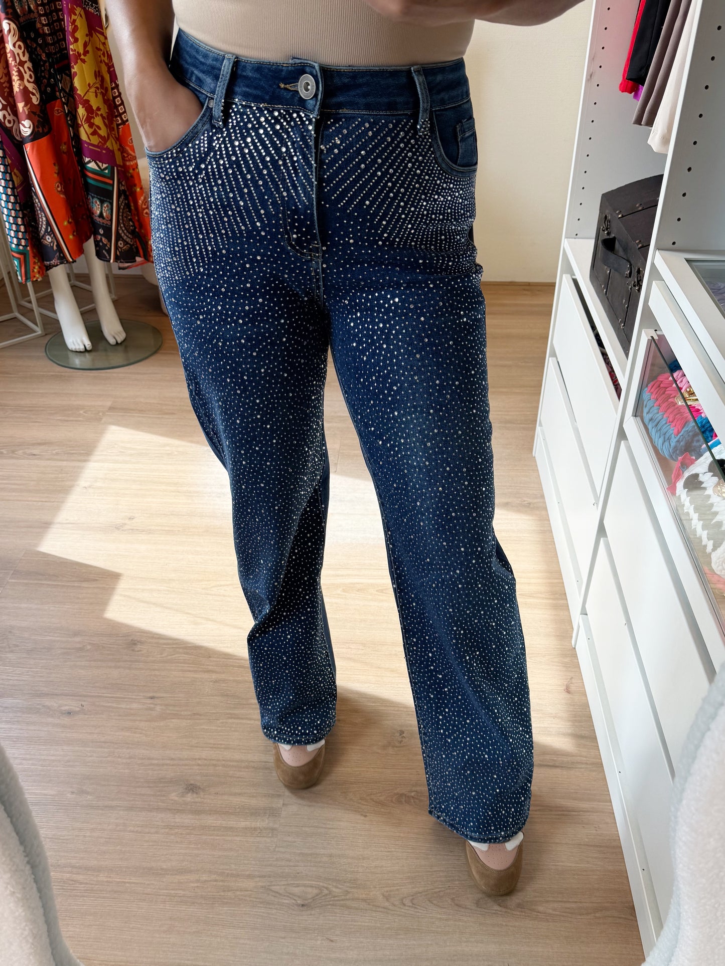 Jeans straight fit glitter all-over denimblauw