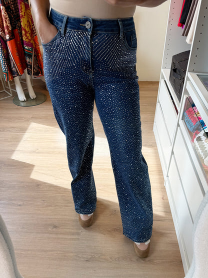 Jeans straight fit glitter all-over denimblauw