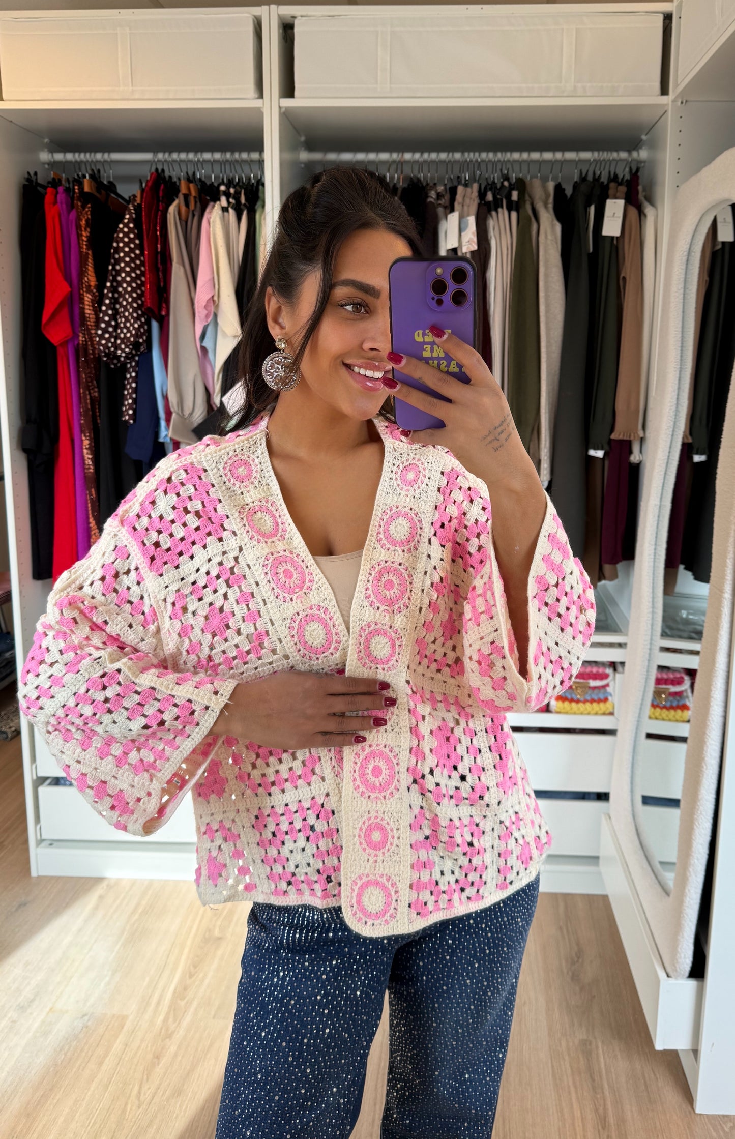 Crochet vest roze & beige