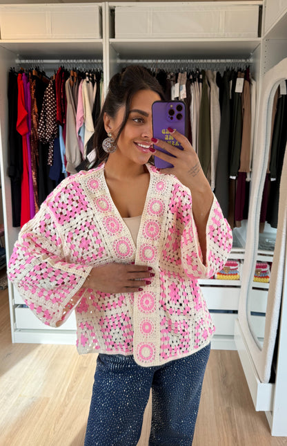 Crochet vest roze & beige