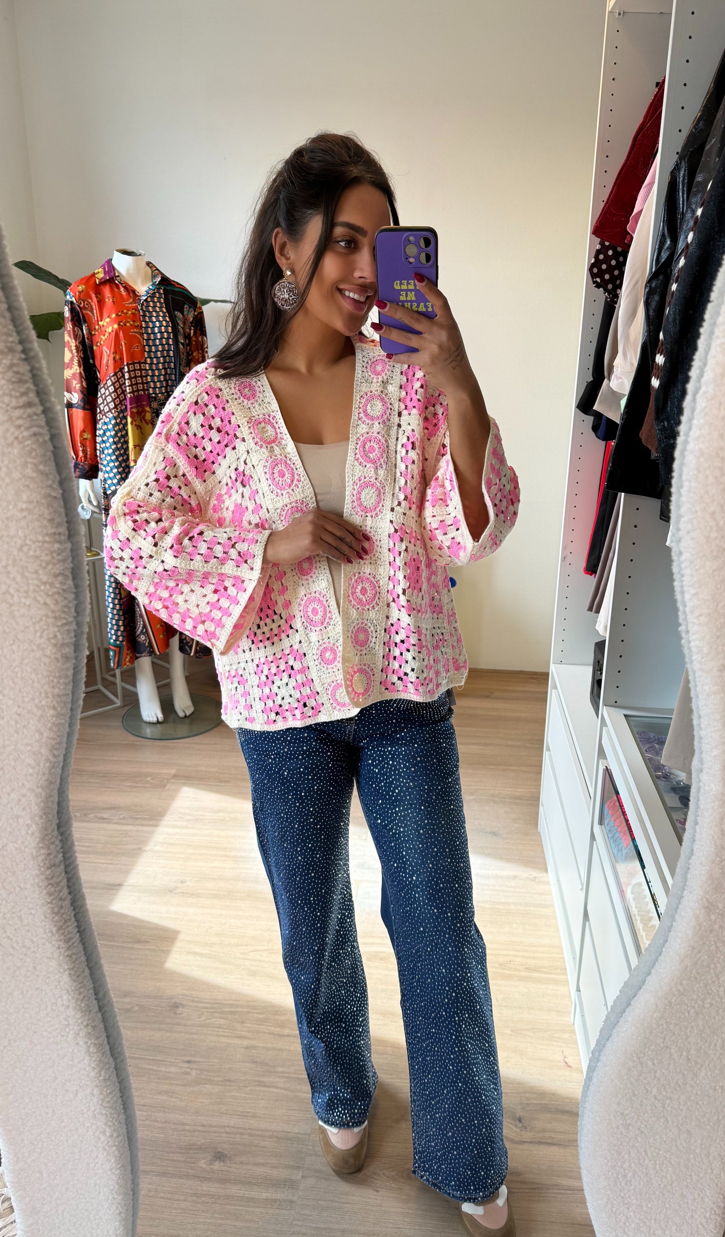 Crochet vest roze & beige