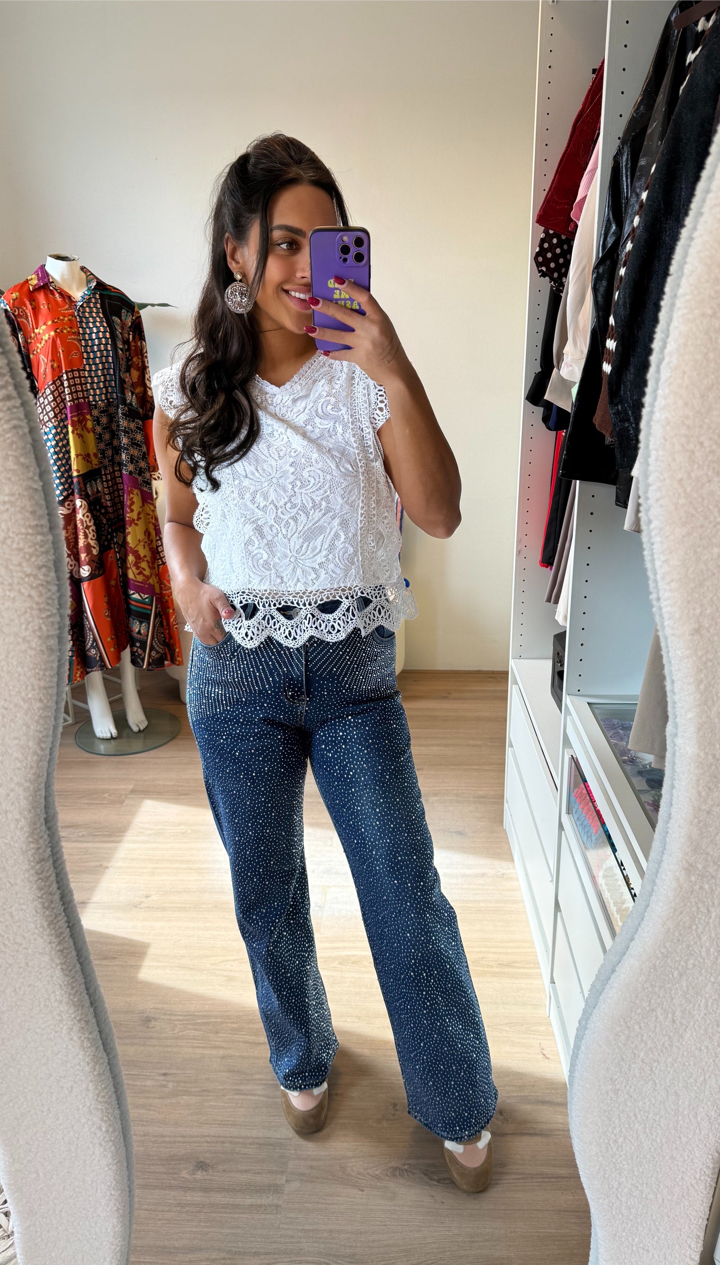 Jeans straight fit glitter all-over denimblauw