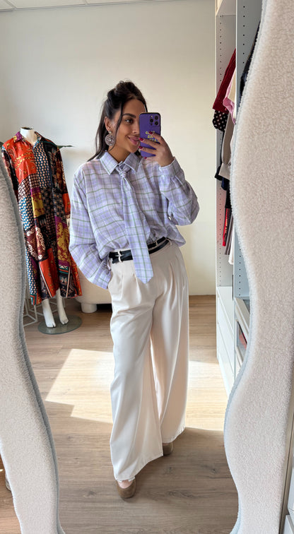 Geruite blouse met stropdas lila