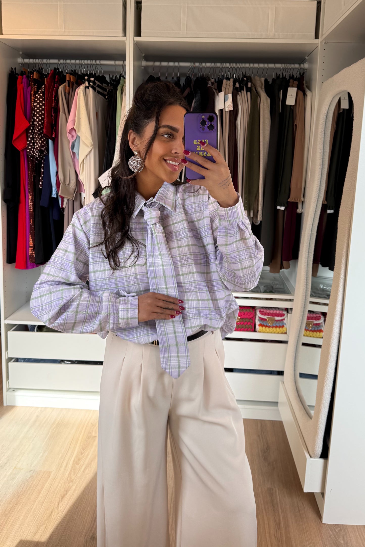 Geruite blouse met stropdas lila