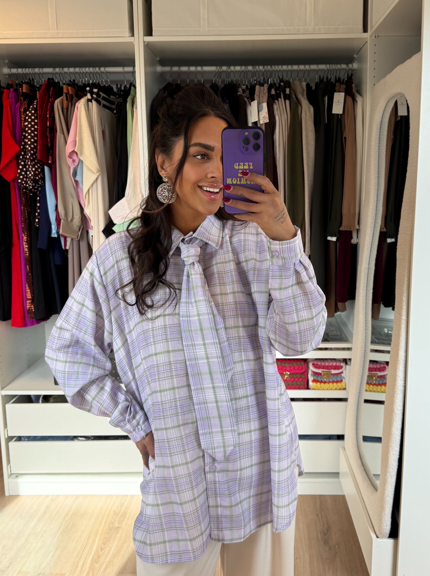 Geruite blouse met stropdas lila