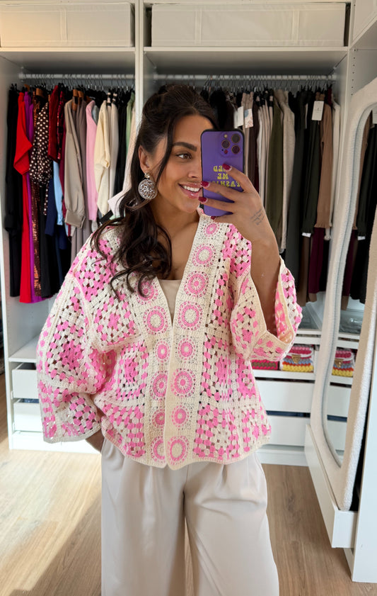 Crochet vest roze & beige
