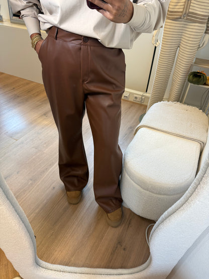Liv leatherlook straight fit pants choco