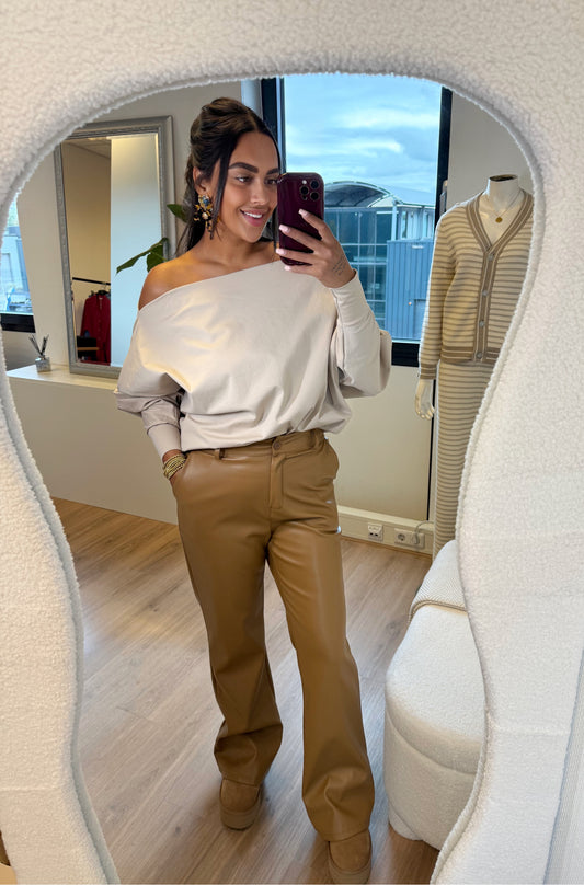 Liv leatherlook straight fit pants camel