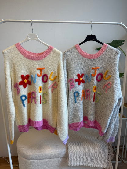 Bonjour paris sweater lightgrey & pink
