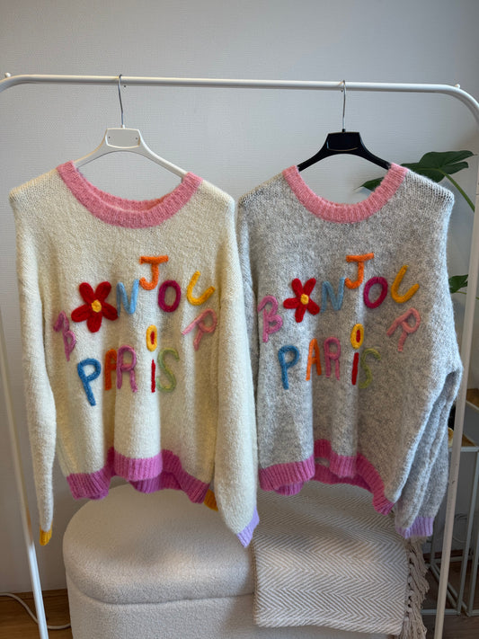 Bonjour paris sweater lightgrey & pink