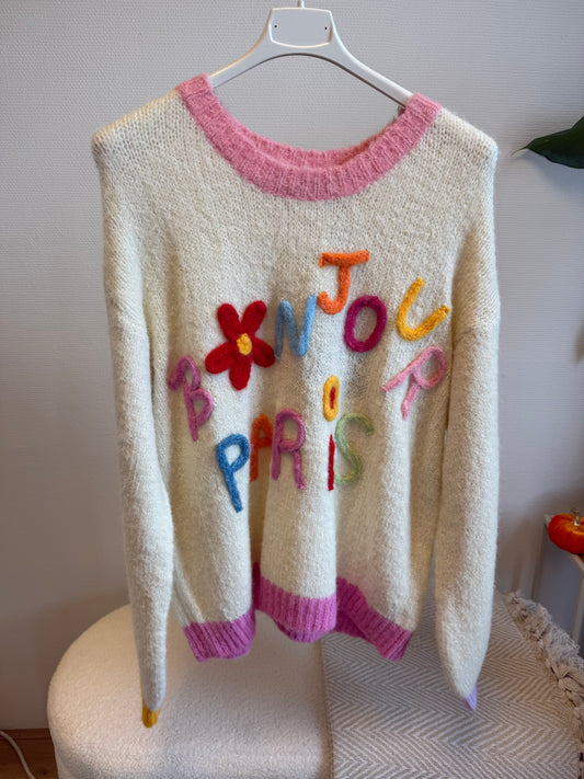 Bonjour paris sweater offwhite & pink