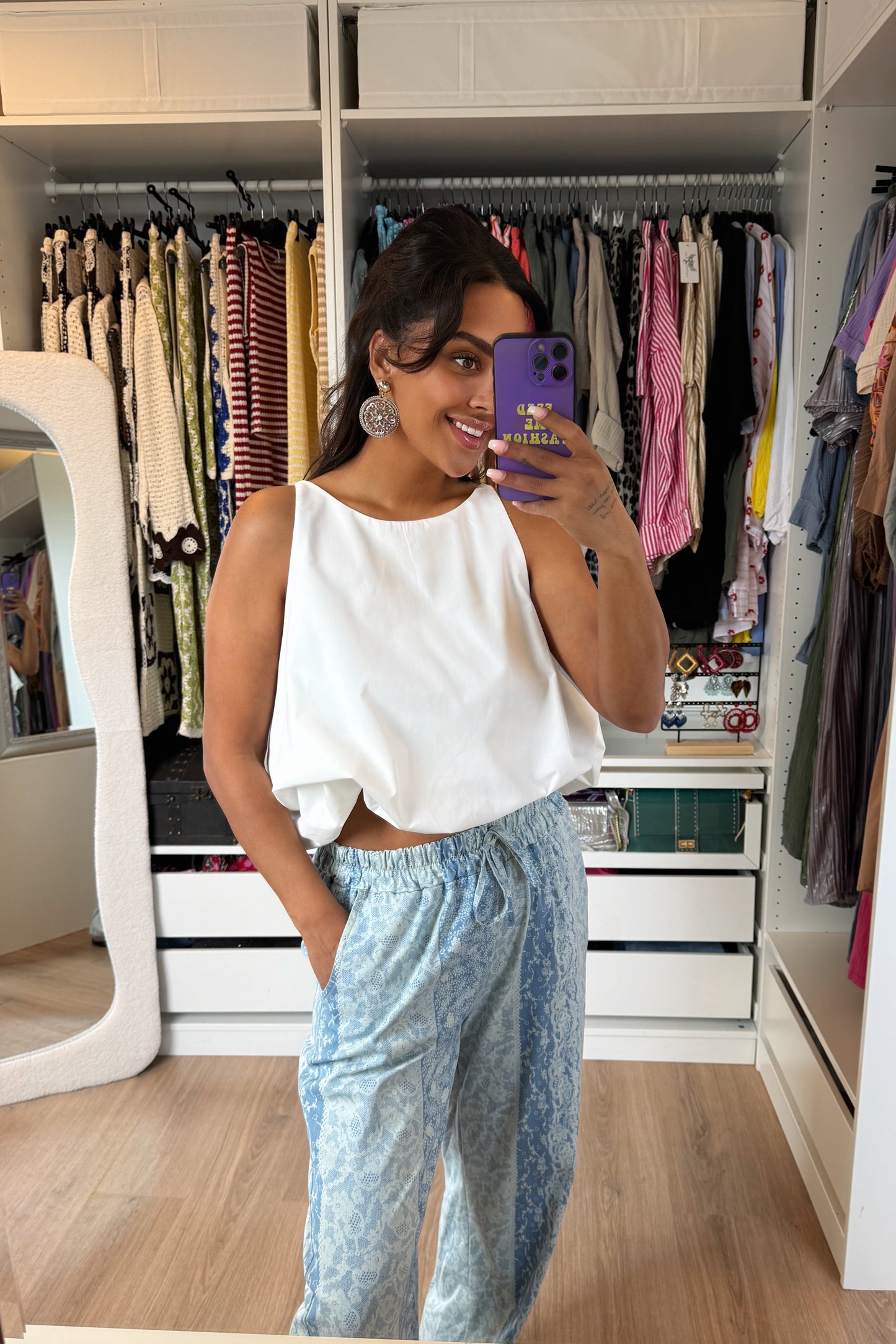 Denim look broek met print blauw