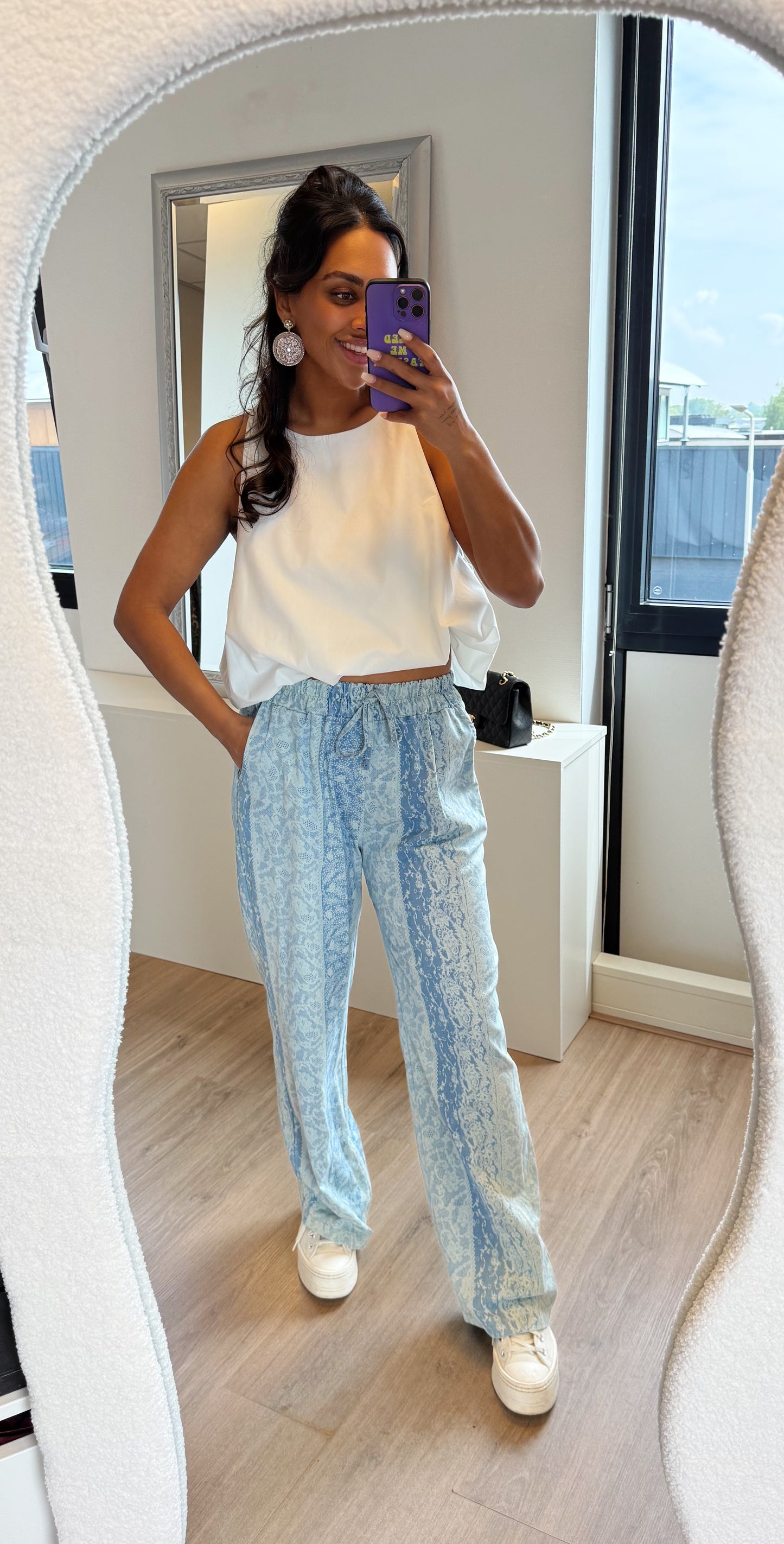 Denim look broek met print blauw