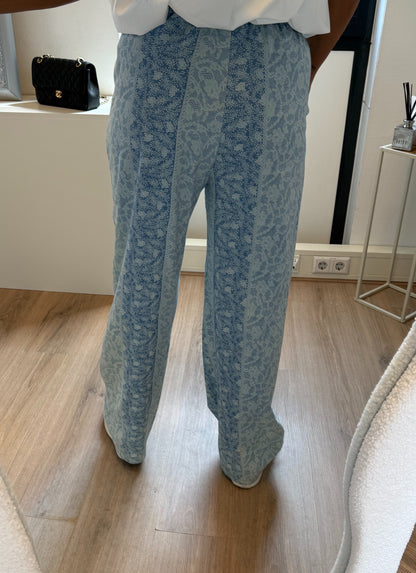 Denim look broek met print blauw