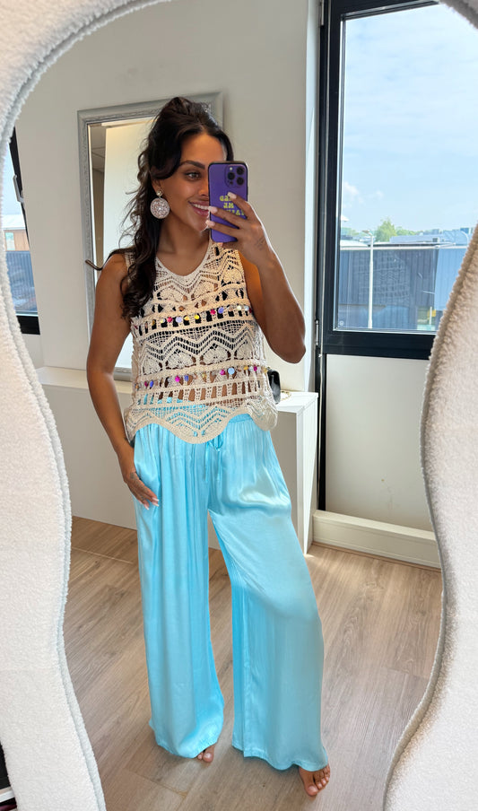 Satijnen broek wide fit lichtblauw