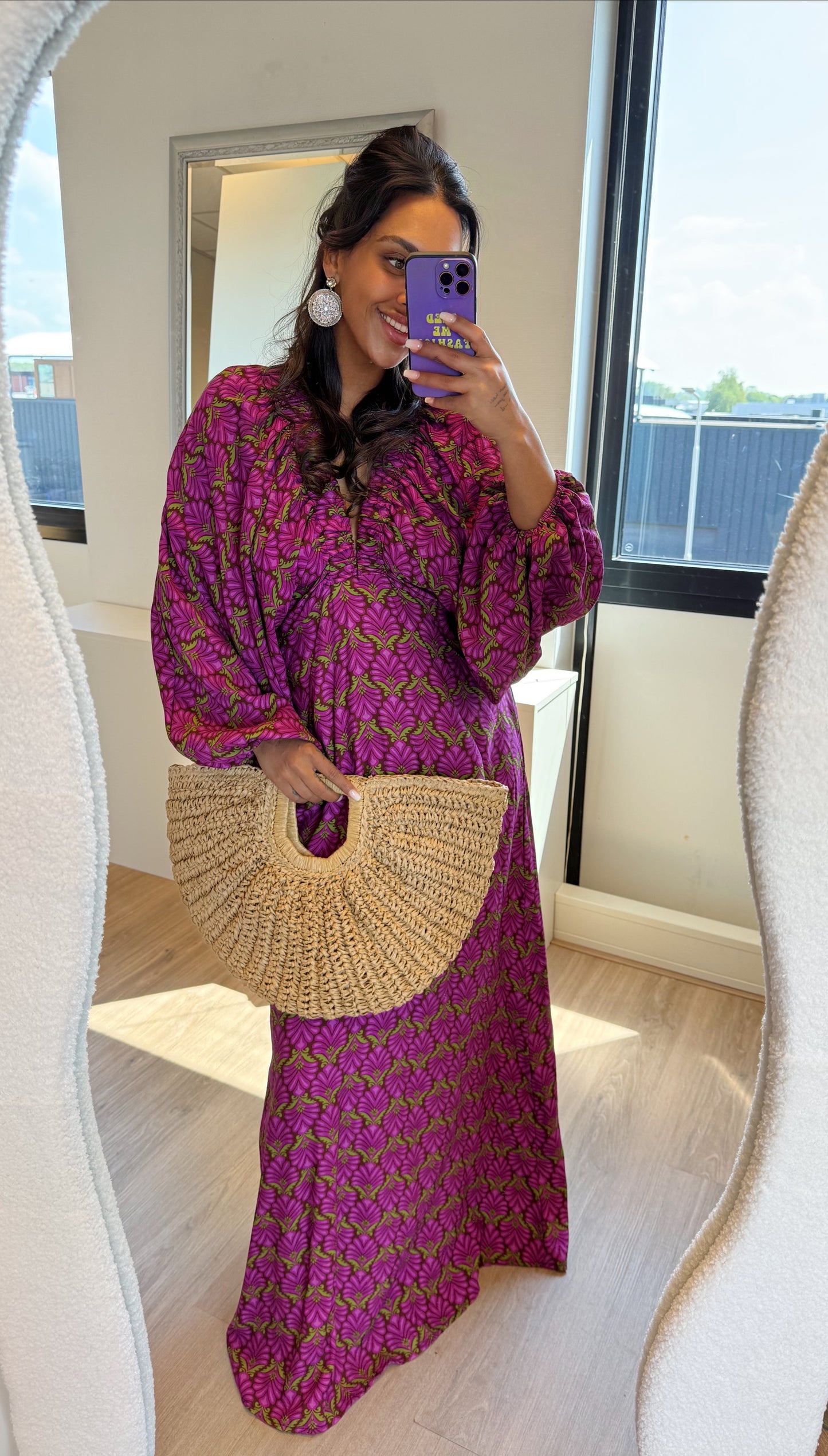 Maxi jurk met print & ballonmouwen paars