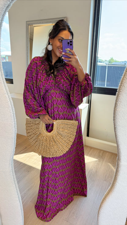 Maxi jurk met print & ballonmouwen paars