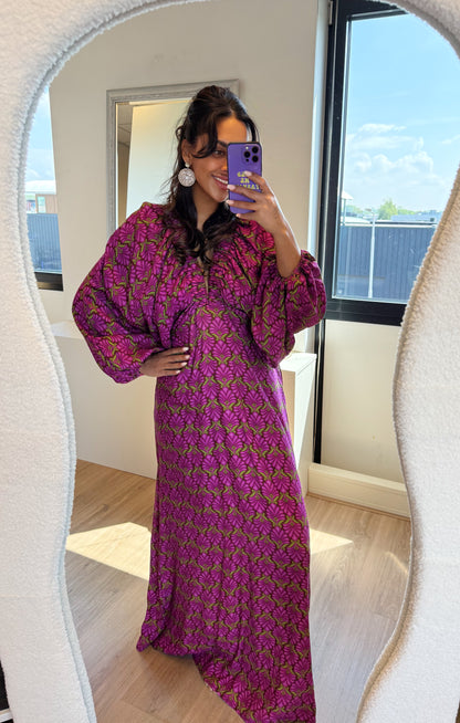 Maxi jurk met print & ballonmouwen paars