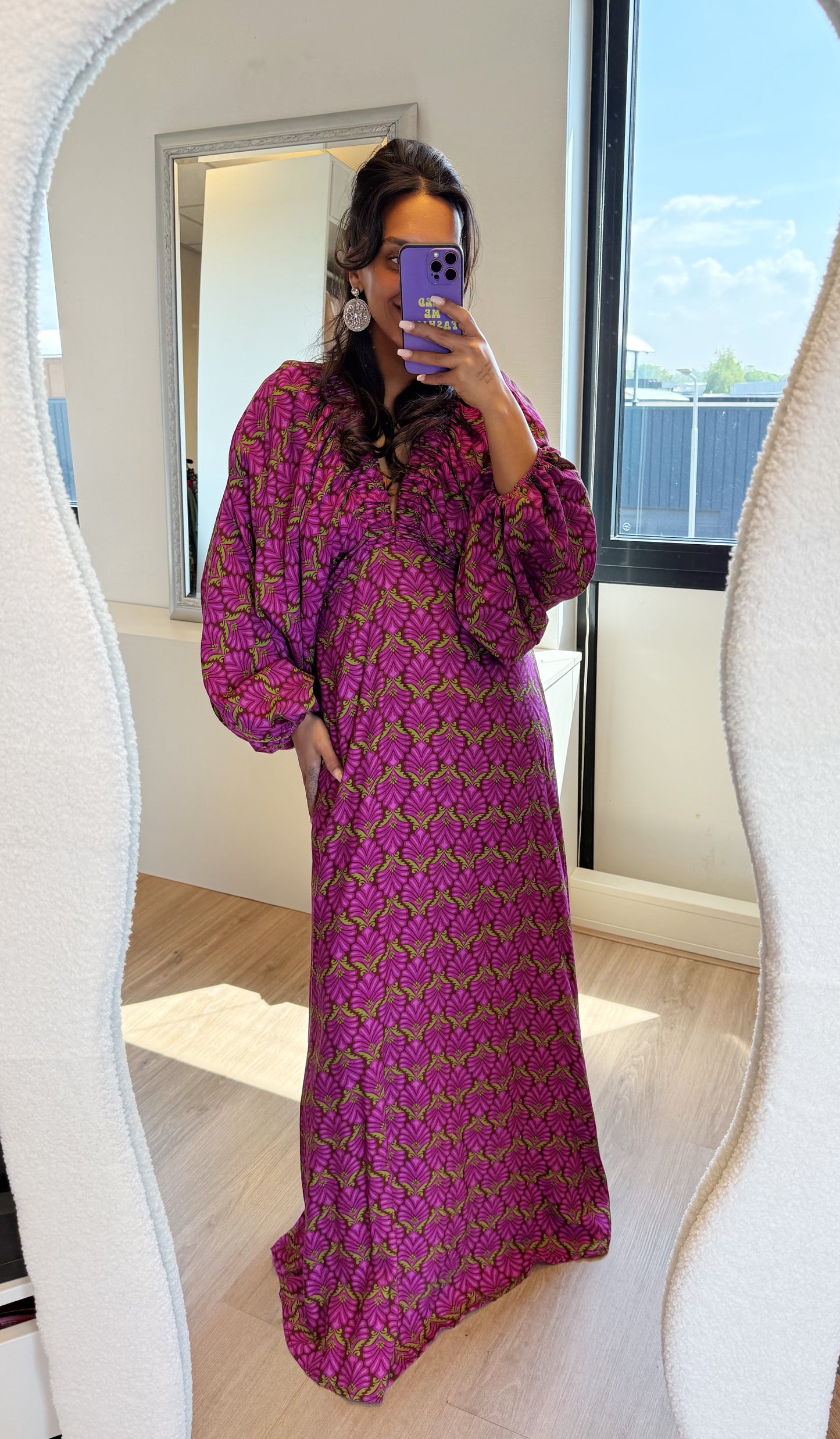 Maxi jurk met print & ballonmouwen paars