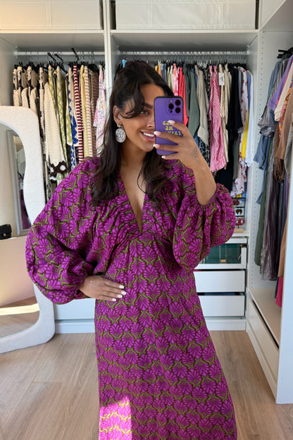 Maxi jurk met print & ballonmouwen paars