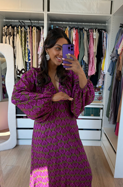 Maxi jurk met print & ballonmouwen paars