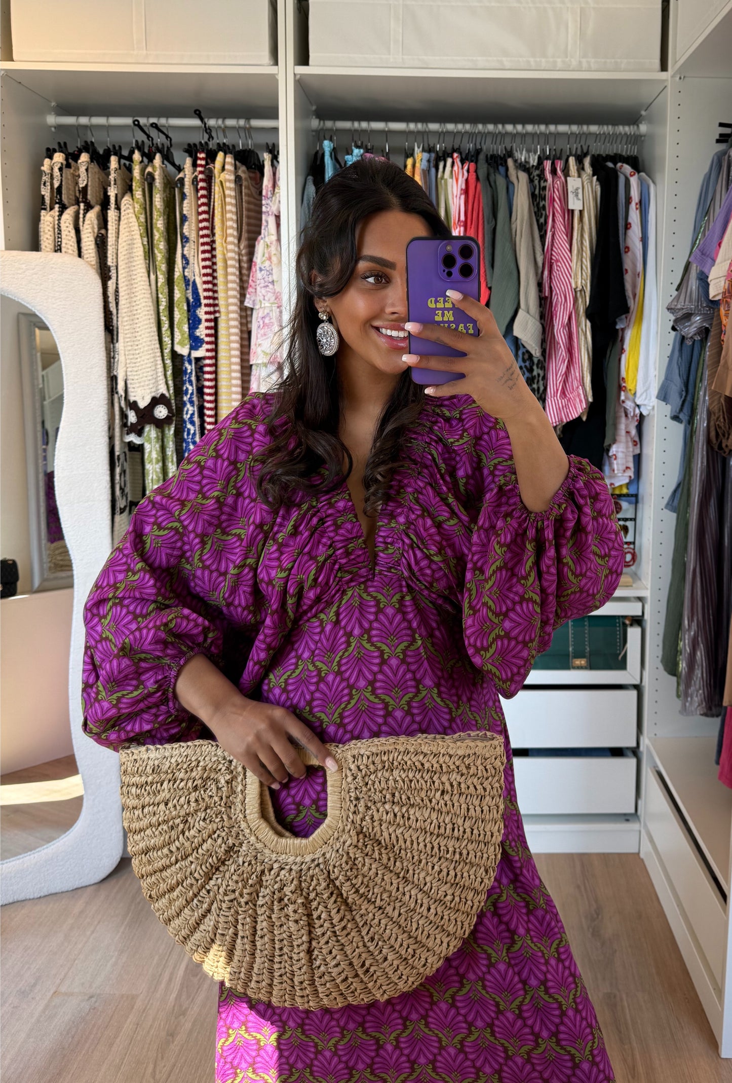 Maxi jurk met print & ballonmouwen paars