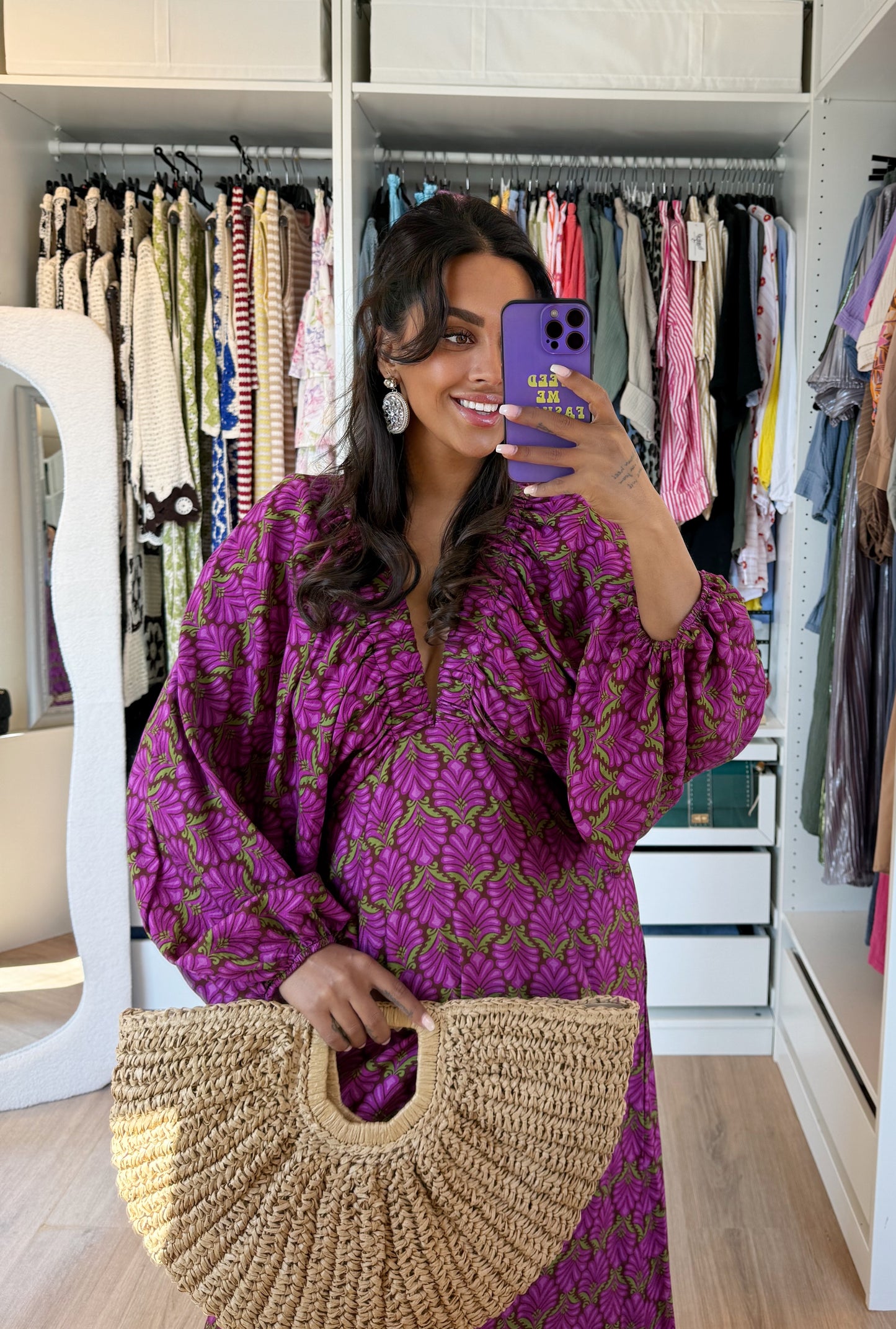 Maxi jurk met print & ballonmouwen paars