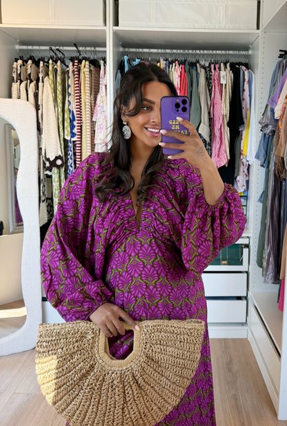 Maxi jurk met print & ballonmouwen paars