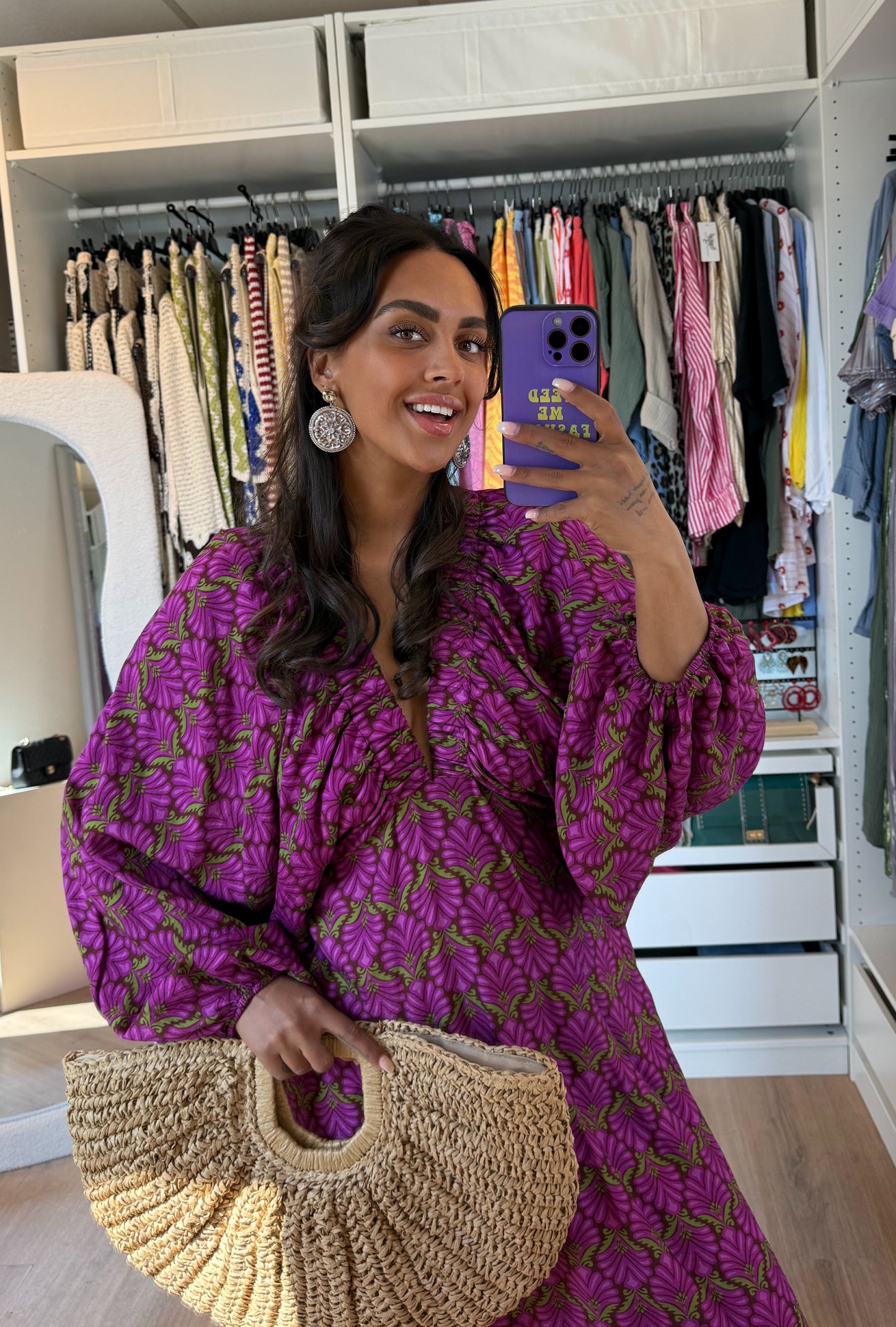 Maxi jurk met print & ballonmouwen paars