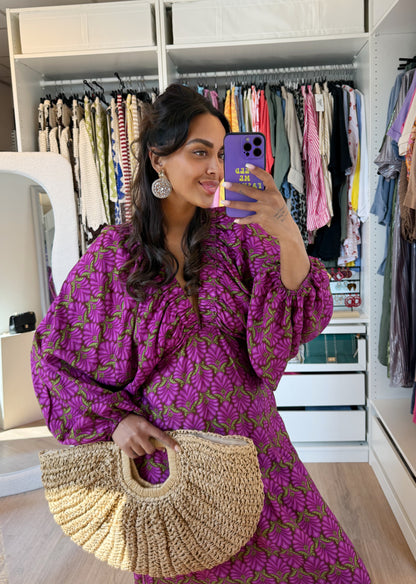 Maxi jurk met print & ballonmouwen paars